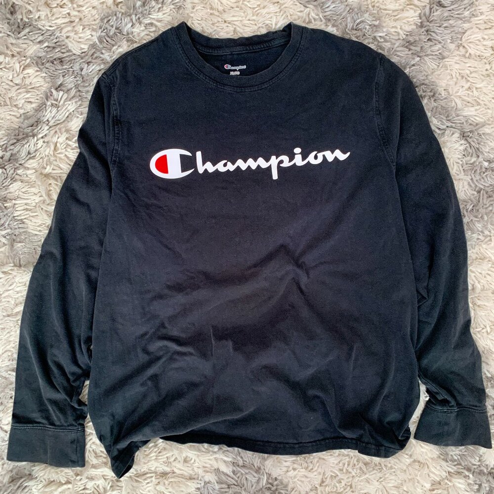 Champion Men's Long Sleeve Tee size XL Black sweatshirt logo spellout